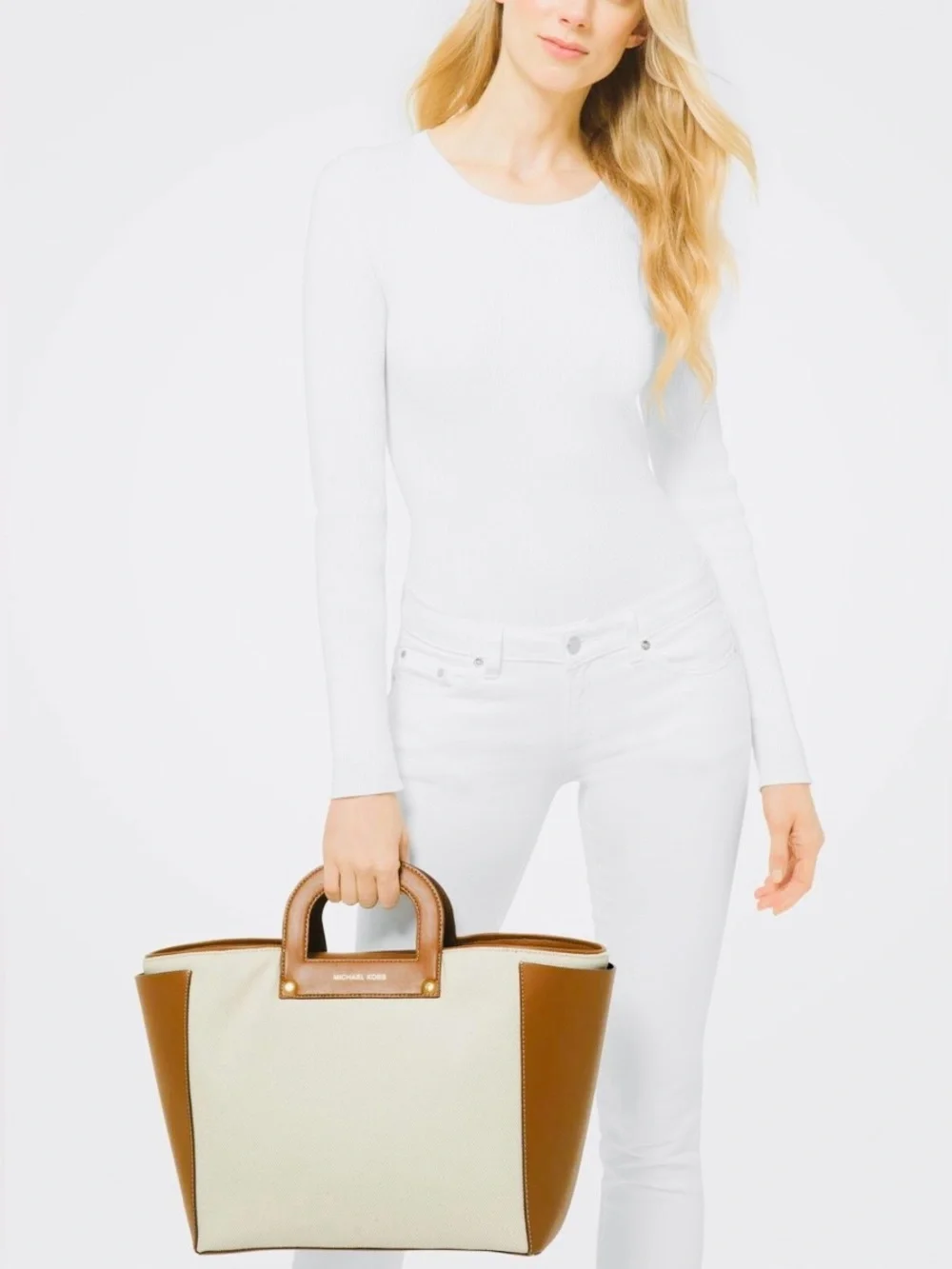 NWT Clara Michael Kors Cream and Tan Canvas Tote $398 - Picture 2 of 5